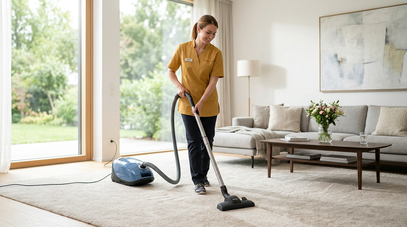 Cleaner vacuuming a living room carpet